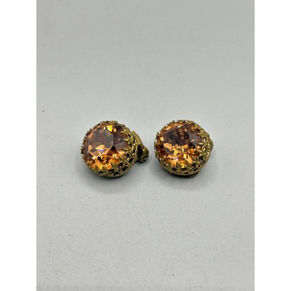 Vintage Austrian Amber Rhinestone Clip On Earrings Brass Setting Made in Austria - Picture 3 of 6